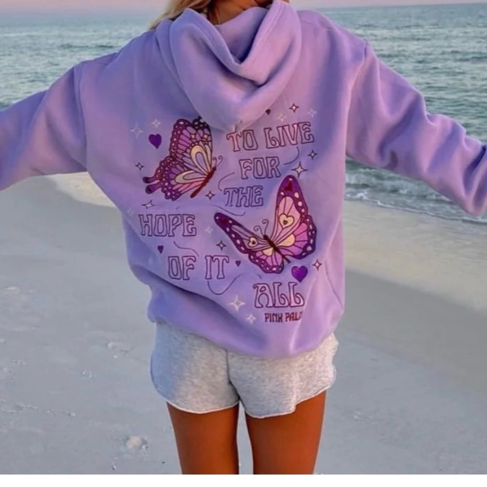 Pink Palm Puff Lavender Butterfly Hoodie Hope Woman’s Sz Large NWOT